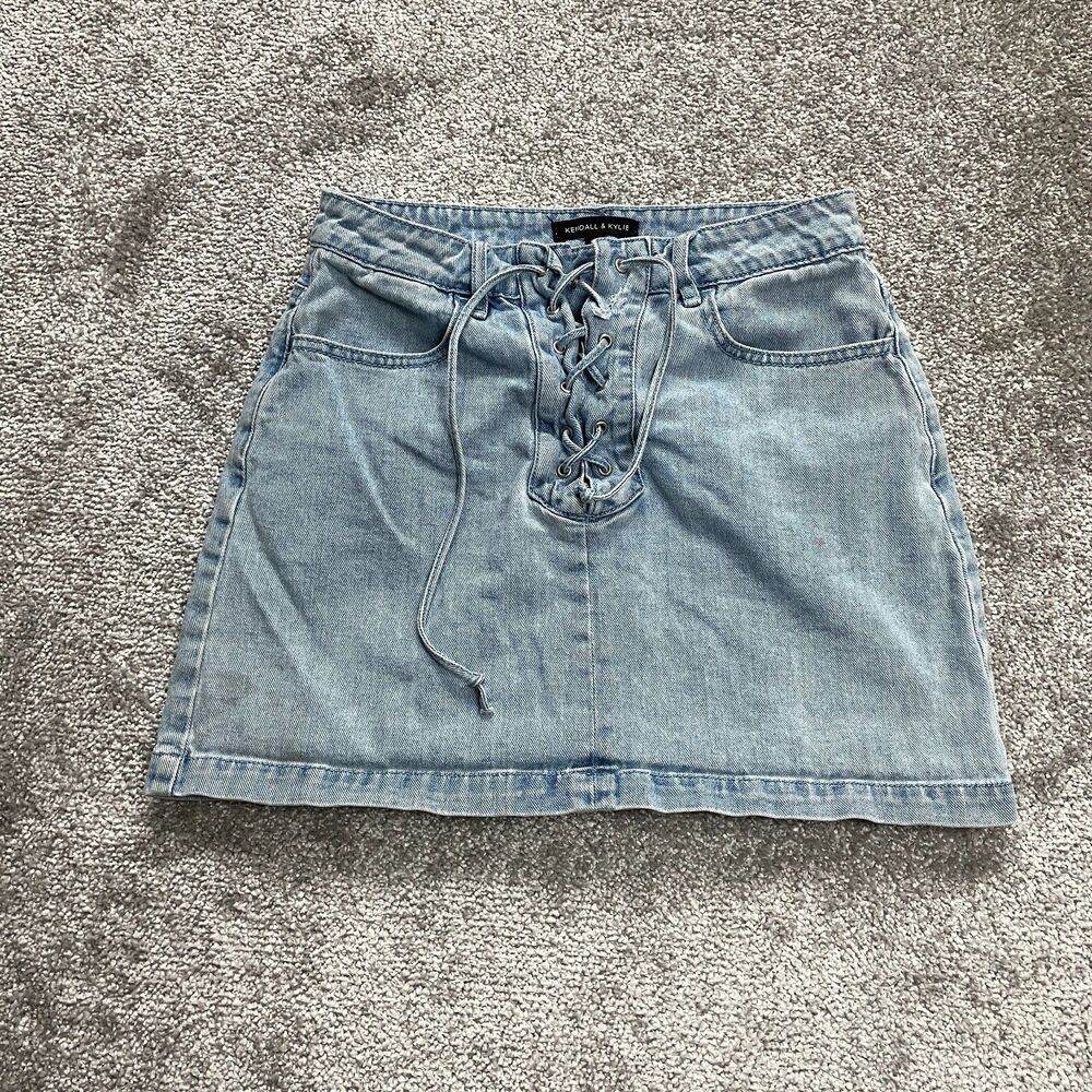 Kendall & Kylie Mini Jean Skirt Womens 26 Blue Denim Short Cross Lace Pockets